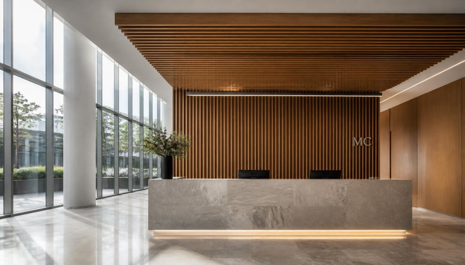 Recepção corporativa premium com madeira, pedra e iluminação arquitetural