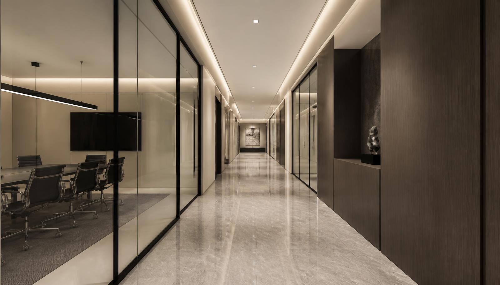 Corredor arquitetônico sofisticado em edifício corporativo premium